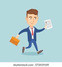 Caucasian business man with briefcase and a document running. Young happy business man running in a hurry. Cheerful business man running forward. Vector flat design illustration. Square layout.