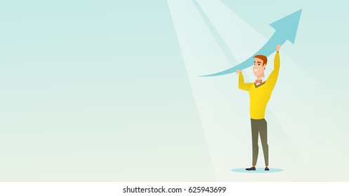 Caucasian business man changing the path of graph to a positive increase. Young business man holding arrow going up. Business man with growth graph. Vector flat design illustration. Horizontal layout.