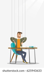 Caucasian business man hanging on strings like marionette. Business man marionette on ropes sitting in office. Emotionless marionette man working. Vector flat design illustration. Vertical layout.