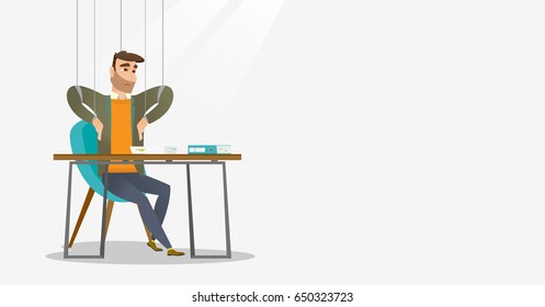 Caucasian business man hanging on strings like marionette. Business man marionette on ropes sitting in office. Emotionless marionette man working. Vector flat design illustration. Horizontal layout.