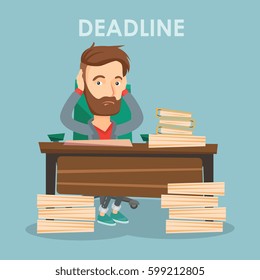 Caucasian business man having problem with deadline. Stressed business man sitting at workplace and clutching his head because of missed deadline. Vector flat design illustration. Square layout.