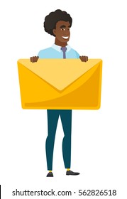 Caucasian business man holding a big envelope. Full length of business man holding a big envelope. Cheerful business man with big envelope. Vector flat design illustration isolated on white background