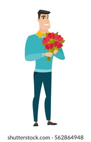 Caucasian business man holding a bouquet of flowers. Full length of business man with bouquet of flowers. Happy business man with flowers. Vector flat design illustration isolated on white background