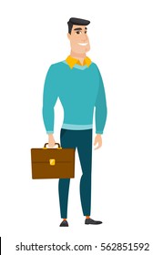 Caucasian business man holding briefcase. Full length of young business man with briefcase. Widely smiling business man holding briefcase. Vector flat design illustration isolated on white background.