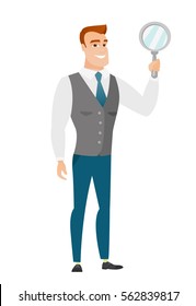 Caucasian business man holding hand mirror. Full length of business man looking at himself in a hand mirror. Business man with hand mirror. Vector flat design illustration isolated on white background