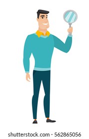 Caucasian business man holding hand mirror. Full length of business man looking at himself in a hand mirror. Business man with hand mirror. Vector flat design illustration isolated on white background