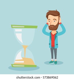 Caucasian business man looking at hourglass symbolizing deadline. Business man worrying about deadline terms. Time management and deadline concept. Vector flat design illustration. Square layout.