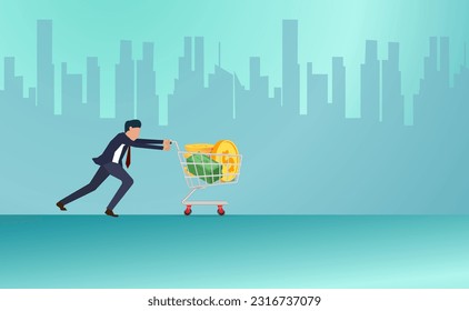 Hombre de negocios caucásico empujando carretilla llena de dinero en el fondo de una gran caja fuerte. Hombre de negocios rico depositando su dinero en el banco en la caja fuerte. Ilustración de diseño plana vectorial. Diseño horizontal.
