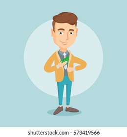 Caucasian business man putting money bribe in his pocket. Young business man hiding money bribe in jacket pocket. Bribery and corruption concept. Vector flat design illustration. Square layout.