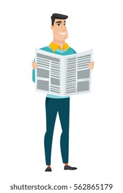 Caucasian business man reading newspaper. Happy business man standing with newspaper in hands. Business man reading good news in newspaper. Vector flat design illustration isolated on white background
