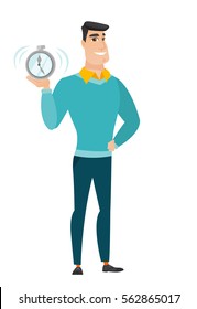 Caucasian business man showing ringing alarm clock. Full length of business man with alarm clock. Happy business man holding alarm clock. Vector flat design illustration isolated on white background