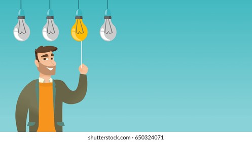 Caucasian Business Man Switching On Hanging Idea Light Bulb. Young Hipster Business Man With Beard Pulling A Light Switch. Business Idea Concept. Vector Flat Design Illustration. Horizontal Layout.