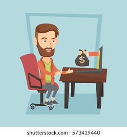 Caucasian business man working in office and bag of money coming out of laptop. Businessman earning money from online business. Online business concept. Vector flat design illustration. Square layout.