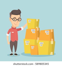 Caucasian business man working in warehouse. Business man checking boxes in warehouse. Young business man preparing goods for dispatch in warehouse. Vector flat design illustration. Square layout.