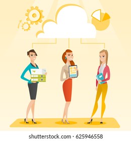 Caucasian business team using cloud computing technologies. Business team standing under cloud. Concept of cloud computing, teamwork and brainstorming. Vector flat design illustration. Square layout.