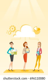 Kaukasisches Geschäftsteam, das Cloud-Computing-Technologien verwendet. Geschäftsteam steht unter Cloud. Konzept des Cloud-Computing, Teamarbeit und Brainstorming. Vektorflache Design-Illustration. Vertikales Layout