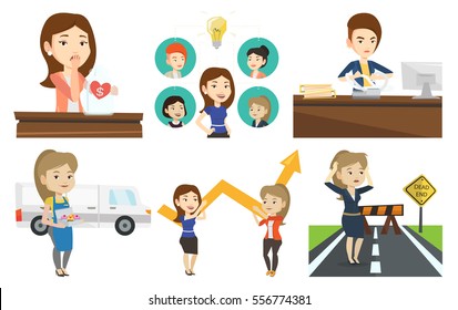 Caucasian business team working on a new idea. Business team discussing idea. Business team connected by one idea light bulb. Set of vector flat design illustrations isolated on white background.