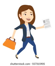 Caucasian business woman with briefcase and a document running. Business woman running in a hurry. Cheerful business woman running forward. Vector flat design illustration isolated on white background