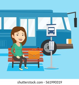 Caucasian business woman with briefcase waiting at the bus stop. Young businesswoman sitting at the bus stop. Businesswoman sitting on a bus stop bench. Vector flat design illustration. Square layout.