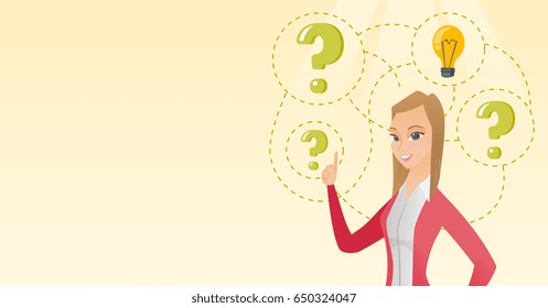 Caucasian business woman came up with a successful idea. Business woman pointing finger up while standing under question marks and idea light bulb. Vector flat design illustration. Horizontal layout.