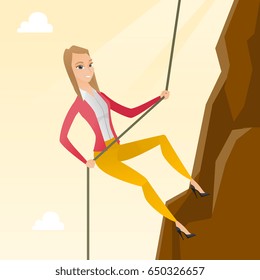 Caucasian business woman climbing on the mountain. Young brave business woman climbing on the mountain using a rope. Concept of business challenge. Vector flat design illustration. Square layout.