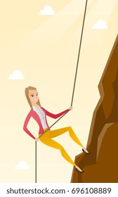 Caucasian business woman climbing on the mountain. Young brave business woman climbing on the mountain using a rope. Concept of business challenge. Vector flat design illustration. Vertical layout.