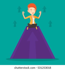Caucasian business woman doing yoga on a mountain with arrow going up. Peaceful business meditating in yoga lotus pose. Woman sitting in yoga lotus pose. Vector flat design illustration. Square layout
