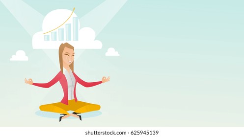 Caucasian business woman doing yoga in lotus position and thinking about the growth graph. Peaceful business woman meditating in yoga lotus position. Vector flat design illustration. Horizontal layout