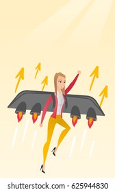 Caucasian business woman flying with a jet backpack. Young happy business woman flying on the business start up rocket. Concept of business start up. Vector flat design illustration. Vertical layout.