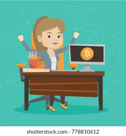 Caucasian business woman getting investment in the form of bitcoin coin for her startup business project. Concept of successful promotion of new cryptocurrency startup. Vector cartoon illustration.