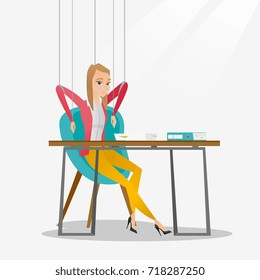 Caucasian business woman hanging on strings like marionette. Business woman marionette on ropes sitting in office. Emotionless marionette woman working. Vector flat design illustration. Square layout.