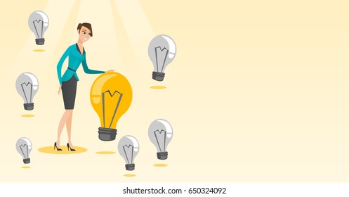 Caucasian business woman having business idea. Business woman standing among unlit idea light bulbs and looking at the brightest idea light bulb. Vector flat design illustration. Horizontal layout.