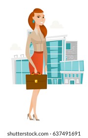 Caucasian business woman holding briefcase. Full length of young business woman with briefcase. Smiling business woman holding briefcase. Vector flat design illustration isolated on white background.