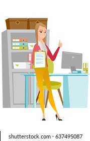 Caucasian business woman holding clipboard and giving thumb up. Young business woman with clipboard. Business woman showing clipboard. Vector flat design illustration isolated on white background