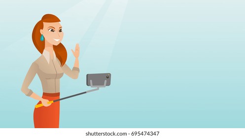 Caucasian business woman making selfie with a selfie-stick. Smiling woman taking photo with a cellphone. Young woman taking selfie and waving her hand. Vector cartoon illustration. Horizontal layout.