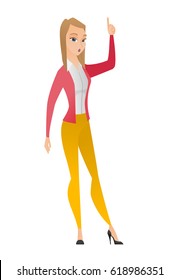 Caucasian business woman with open mouth pointing finger up. Full length of young businesswoman with open mouth came up with business idea. Vector flat design illustration isolated on white background