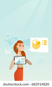 Caucasian business woman pointing at charts on tablet computer screen. Business woman presenting report on a digital tablet on the background of graphs. Vector cartoon illustration. Vertical layout.