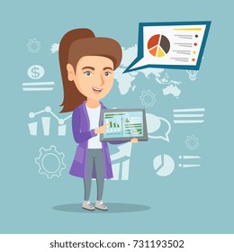 Caucasian business woman pointing at charts on a tablet computer screen. Business woman presenting report on a digital tablet on the background of graphs. Vector cartoon illustration. Square layout.