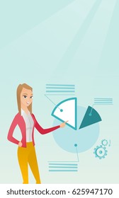 Caucasian business woman pointing at pie chart during presentation. Business woman explaining pie chart. Woman giving presentation with pie chart. Vector flat design illustration. Vertical layout.