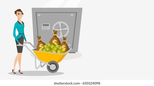 Caucasian business woman pushing wheelbarrow full of money on the background of safe. Rich business woman depositing her money in bank in the safe. Vector flat design illustration. Horizontal layout.