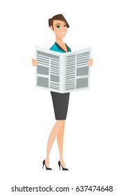 Caucasian business woman reading newspaper. Business woman standing with newspaper in hands. Business woman reading good news in newspaper. Vector flat design illustration isolated on white background