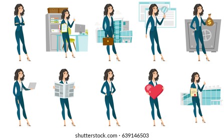 Caucasian business woman reading newspaper. Business woman standing with newspaper. Business woman reading news in newspaper. Set of vector flat design illustrations isolated on white background.
