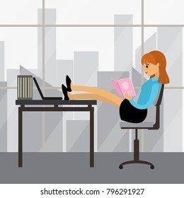 Caucasian Business woman relaxes and reads a magazine or catalog,female in modern office,flat vector illustration