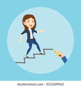Caucasian business woman running up the career ladder drawn by hand. Happy business woman climbing the career ladder. Concept of business career. Vector flat design illustration. Square layout.