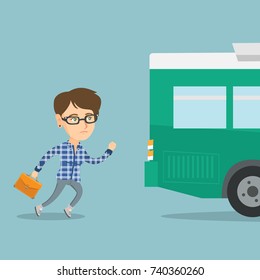 Caucasian Business Woman Running For An Outgoing Bus. Young Business Woman Chasing A Bus. Latecomer Business Woman Running To Reach A Bus. Vector Cartoon Illustration. Square Layout.