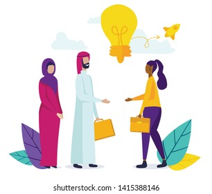 Caucasian Business Woman Shaking Hands with Arab Oil Tycoon with Wife in Traditional Dressing, International Arabic Partner. Idea Project, Partnership, Negotiation. Cartoon Flat Vector Illustration