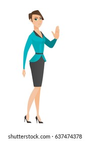 Caucasian business woman showing palm hand. Full length of business woman showing palm hand. Business woman making stop gesture by palm. Vector flat design illustration isolated on white background.