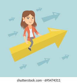 Caucasian business woman sitting on arrow going to success. Successful business woman flying up on arrow. Concept of moving forward to business success. Vector cartoon illustration. Square layout.