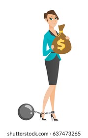 Caucasian business woman taxpayer holding bag with dollar sign. Captive taxpayer holding bag with taxes. Concept of tax time and taxpayer. Vector flat design illustration isolated on white background.