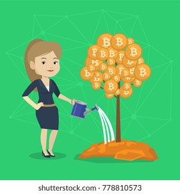 Caucasian business woman watering tree with bitcoin coins. Investing money to blockchain network technology, ICO initial coin offering and cryptocurrency tokens concept. Vector cartoon illustration.